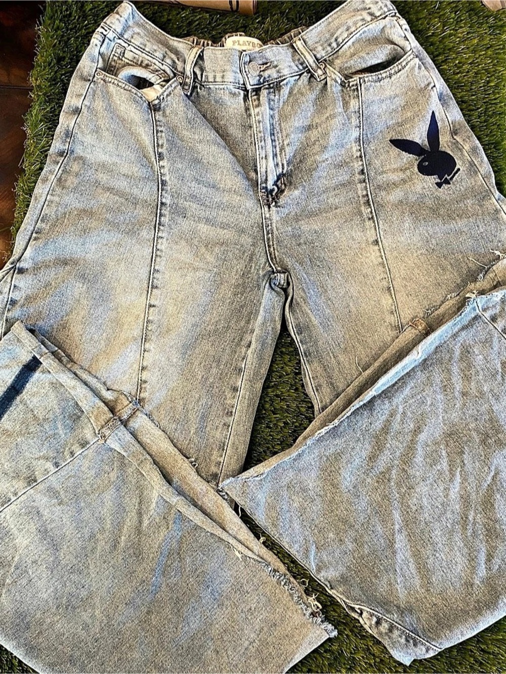 Playboy Mid-Blue Wide-Leg Jeans with Embroidered Bunny Waist 13 Jinco Style
